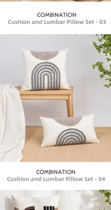 Detail of modern tufted geometric boucle pillow covers on a rustic wooden bench