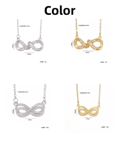 Detailed size comparison chart for gold and silver infinity necklaces with crystal inlay
