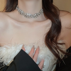 Detailed view of a silver rhinestone twisted choker necklace worn by a model