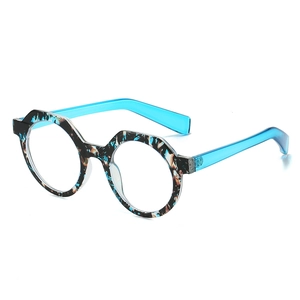 Retro polygon sunglasses with blue and brown tortoiseshell frames in 45-degree side view