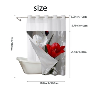 Detail view of floral shower curtain showing 74-inch height and metal ring hooks