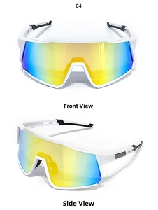 Front and side views of white cycling sunglasses with blue-yellow gradient UV400 lenses