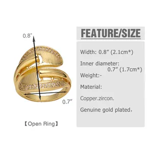 Detailed size specifications for gold plated zircon open ring with width and diameter data