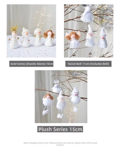 Detail of Christmas plush ornaments including angel, santa and snowman with bells
