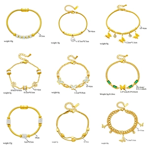 Gold-plated butterfly and pearl bracelets set with dimensions and weights on white background