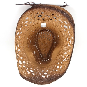 Detail view of western cowboy straw hat showing 100% paper fiber material and inner lining