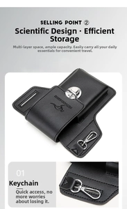 Detail of black leather phone holster with belt loop and metal key ring attachment