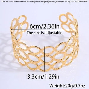 Detailed size specifications for adjustable wide gold leaf cut-out stainless steel bangle