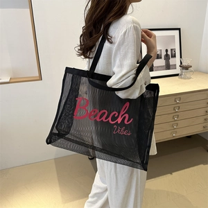 Large black mesh tote bag with pink Beach Vibes print, lightweight shoulder beach bag for women