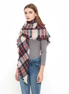 Detailed view of women plaid triangle scarf with tassel fringe on a professional model