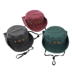Set of three cotton kids bucket hats with excavator embroidery and adjustable wind ropes