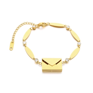 18k gold plated stainless steel envelope charm bracelet with cubic zirconia accents