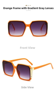 Detail view of square orange sunglasses with gradient purple lenses and gold accents