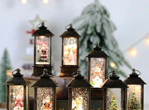 Detail of bronze Christmas lanterns with snow globe effect and festive characters