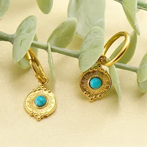 Gold round turquoise earrings with sunburst texture and 18K stainless steel plating