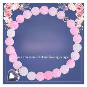 Pink natural agate stone beaded bracelet with silver heart charm on floral gift card
