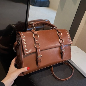 British retro brown PU leather messenger bag with rivets and double buckle design