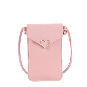 Pink PU leather crossbody phone bag with heart metal buckle and slim shoulder strap