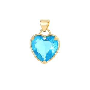 Elegante ciondolo a cuore placcato oro 14K con pietra di zircone blu su sfondo bianco