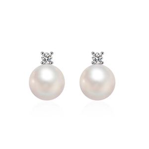 Elegant S925 silver pearl stud earrings with round white pearls and sparkling cubic zirconia
