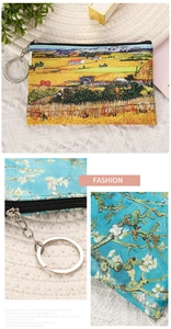 Detail of artistic oil painting coin purse with durable zipper and metal keyring