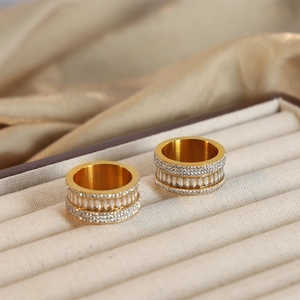 Luxury 18k gold plated stainless steel multi-row baguette and round cut zircon ring
