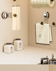 Wall-mounted walnut and stainless steel kitchen roll holder with multi-use hook design
