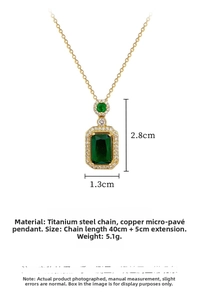 Detail of emerald cut green pendant on gold titanium steel chain with micro pave settings