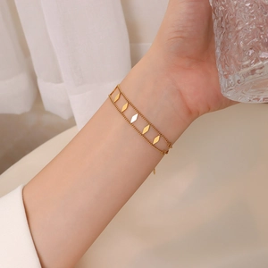 Double Layer Chain Bracelet Stainless Steel 18K Gold Plated Geometric Rhombus Metal Plates French Style Minimalist