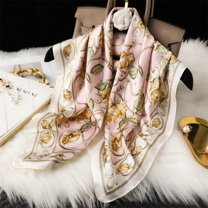 Foulard Carré Imitation Satin Imprimé Floral Rose Baroque Élégant Mode Femme Foulard De Cou