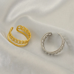 Minimalist gold and silver adjustable open rings with hollow chain and twisted rope layers