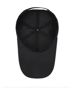 Detail showing the internal mesh structure and breathable lining of the black baseball cap