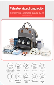 Detail view of large capacity diaper bag showing insulated bottle holders and storage pockets