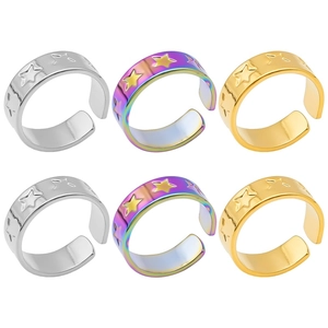 Bagues en acier inoxydable avec motif d'étoiles en argent, or et arc-en-ciel, taille réglable