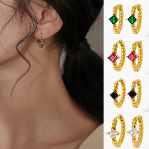 French Style Twist Hoop Earrings Stainless Steel With Square Cubic Zirconia Vintage Geometric Jewelry For Women Elegant
