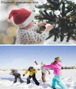 Kids decorating Christmas tree and playing snowballs with white artificial soft snow