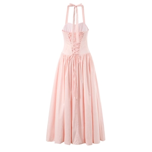 Pink halter neck maxi dress with corset style back lacing and flowing skirt