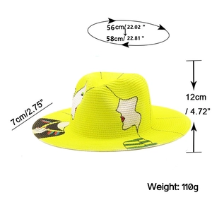 Detailed sizing chart for yellow graffiti straw fedora hat showing crown and brim dimensions