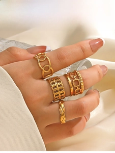 Detail of 5-piece gold chain link ring set with open adjustable geometric patterns