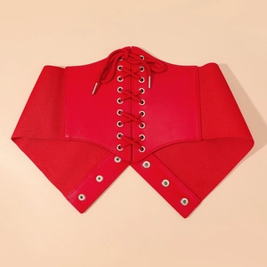 Red wide corset belt with leather lace-up front and elastic band for women