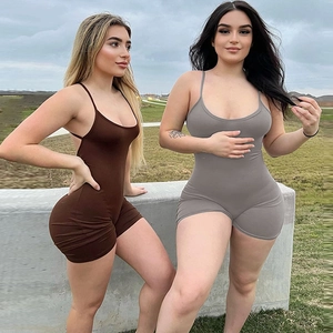 Women Sexy Backless Jumpsuit Ruched Butt Slim Fit Spaghetti Strap Romper High Elasticity Solid Color