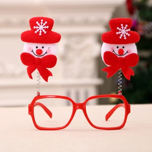 Close-up of a festive Christmas glasses frame featuring a cute snowman on a red spring