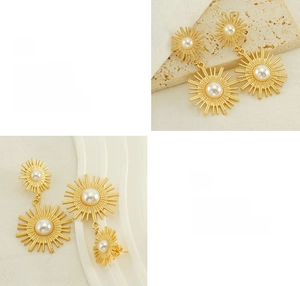 Détail de boucles d'oreilles soleil en perles avec dorure polie et texture raffinée