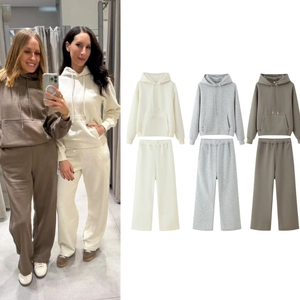 Women Hoodie And Wide Leg Pants Solid Long Sleeve Drawstring Kangaroo Pocket Casual Knit Loungewear Streetwear Outfit