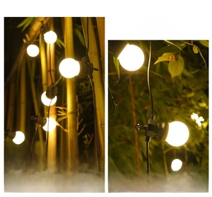 Detail of warm white solar G50 bulb string lights hanging against a garden background