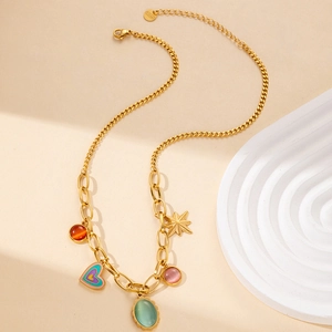 Chic stainless steel necklace with multi-color heart and star charms on a gold chain