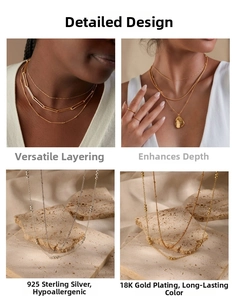 Detailed macro view of S925 sterling silver multi-layered necklace with 18K gold plating