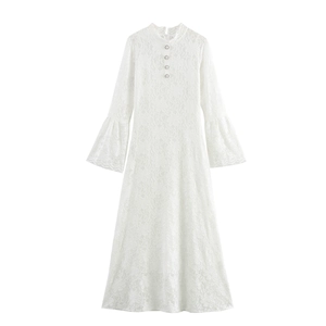 Robe Longue Élégante En Dentelle Manches Évasées Taille Haute Coupe Ajustée Bouton Künstliche Perle Vintage Rétro Femme Robe Longue