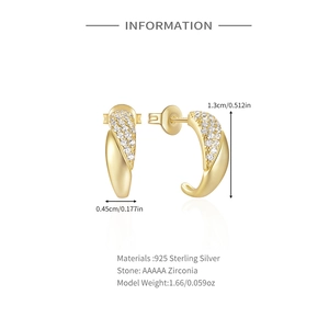 Detailed view of gold S925 sterling silver C-shaped hoop earrings with AAAAA zircon stones