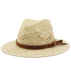 Chapeau de jazz en raphia tressé beige à large bord avec ruban marron pour protection solaire